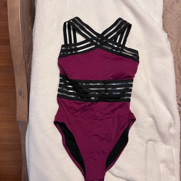 Women's Strappy Purple and Black Tummy Control Swimsuit - Picture 3 of 5